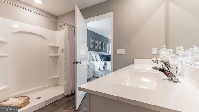 a view of a small space with racks on the wall