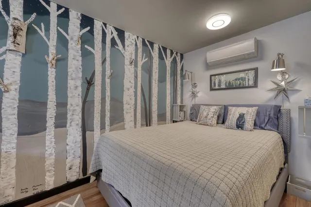 a bedroom with a large bed and a walk in closet