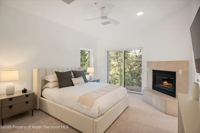 a bedroom with a bed and a fireplace