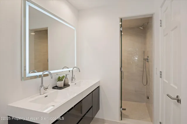 a bathroom with a sink mirror and shower