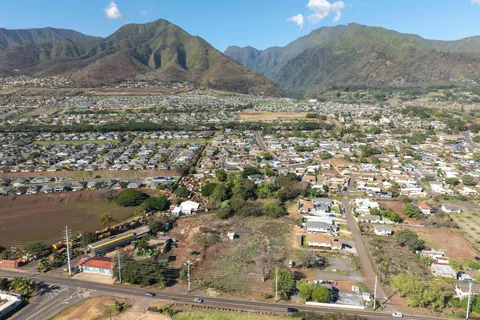 a view of a town with mountains in the background