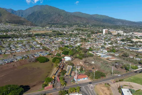 an aerial view of residential house and sandy dunes