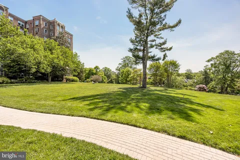 a view of a garden with a building in the background