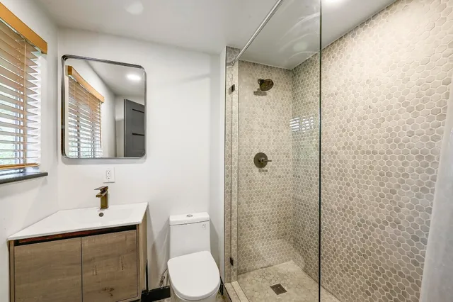 a bathroom with a shower a sink a toilet and mirror