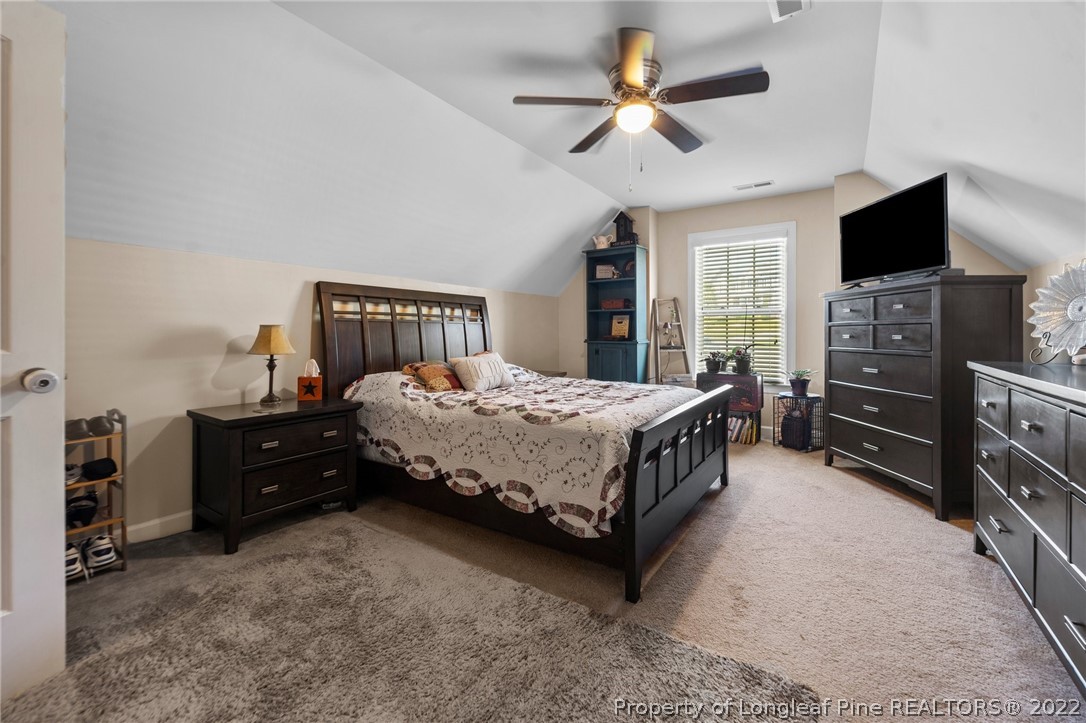 228 Culpepper Road Cameron, NC 28326 - Photo 19 of 36 a bedroom with a bed chandelier and a flat tv screen