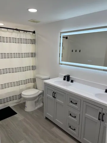 a bathroom with a sink a toilet and shower
