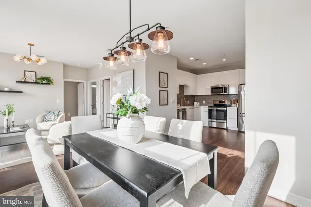 a view of a dining room with furniture