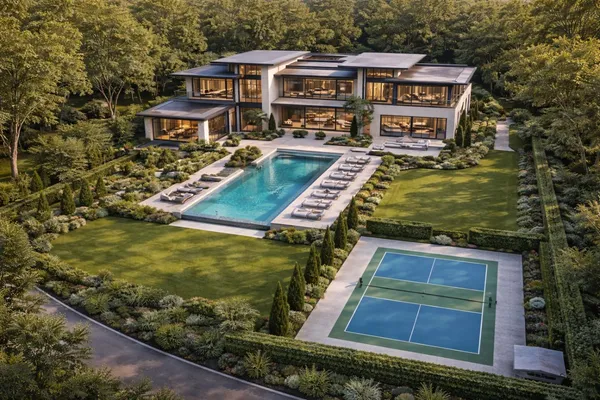 a aerial view of a house with swimming pool