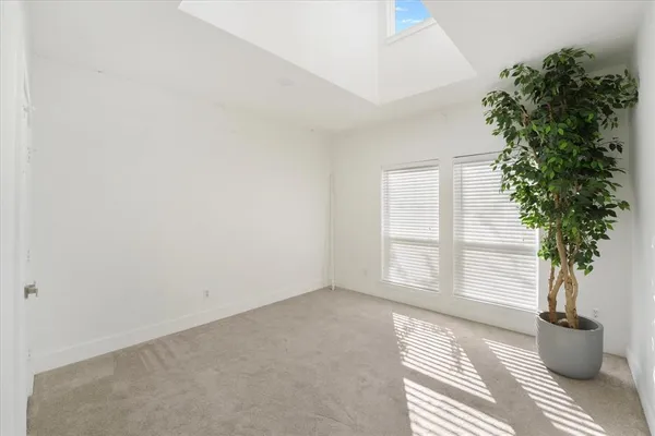 a view of an empty room with chair and potted plant