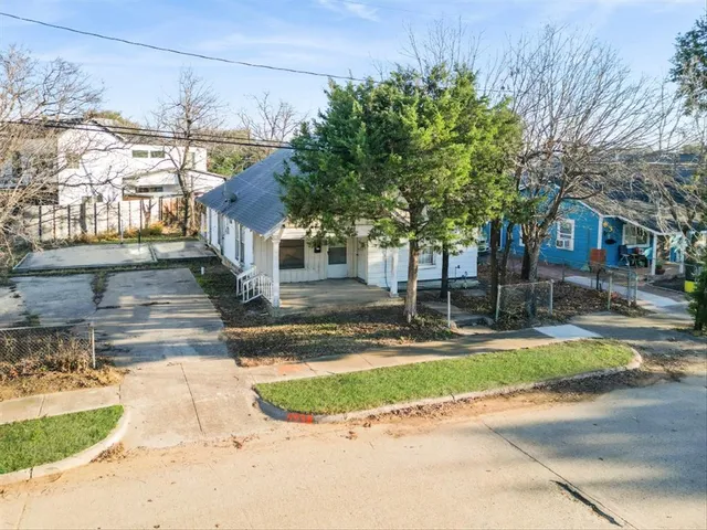 a view of a yard with plants and trees