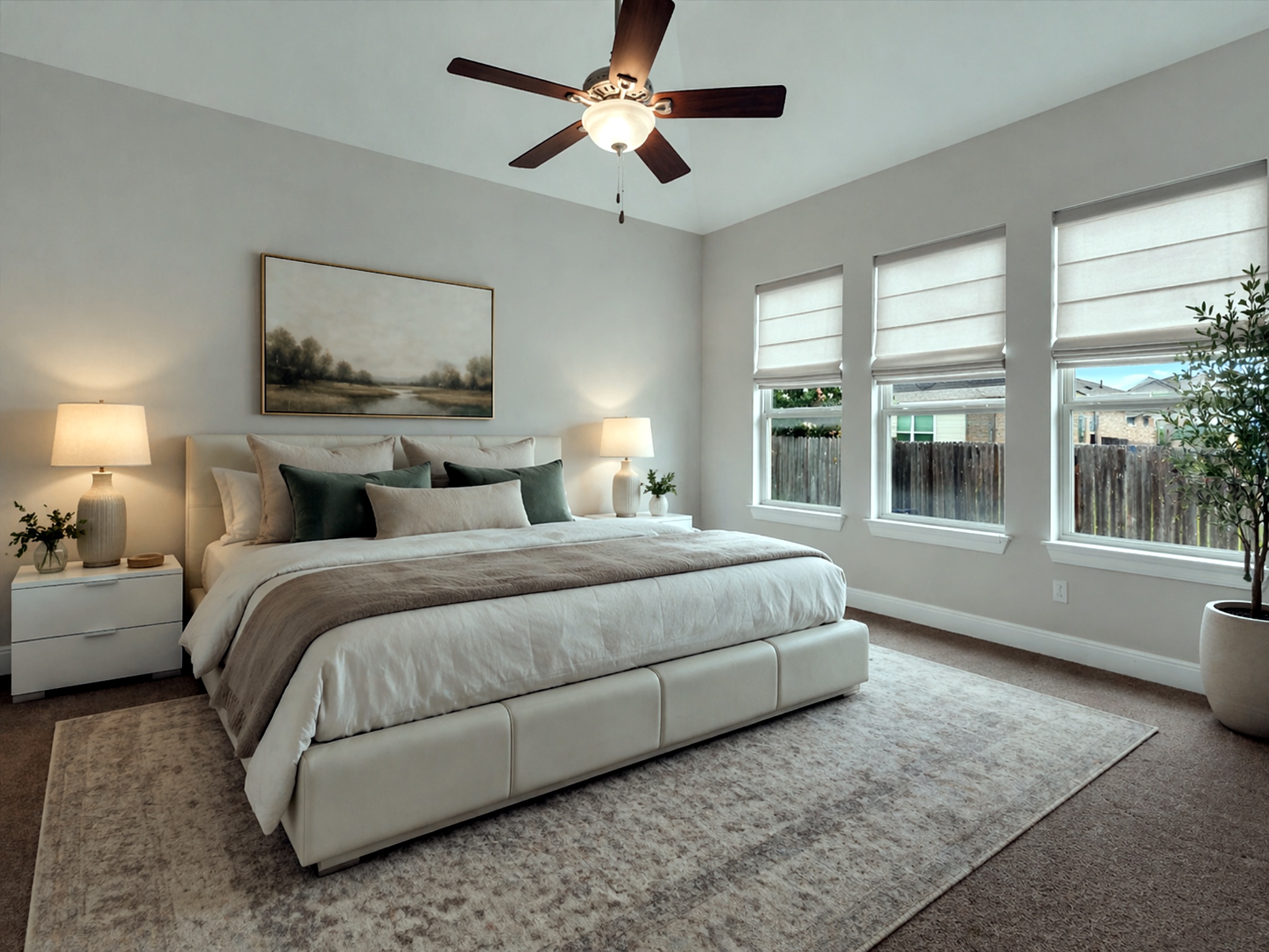 21301 Resource Road Pflugerville, TX 78660 - Photo 11 of 29 Bright room featuring three windows with Roman shades, a ceiling fan with integrated lighting, and carpet flooring