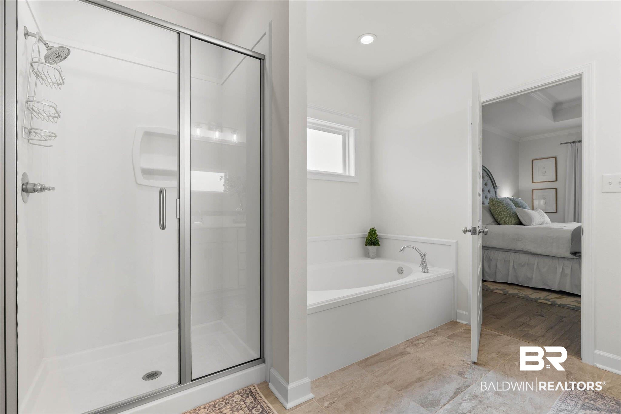 9074 Moses Way Theodore, AL 36582 - Photo 26 of 52 White bathroom featuring a glass-enclosed shower with chrome fixtures and a built-in jetted tub