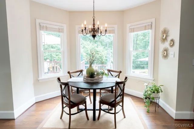 a view of a dining room with furniture window and wooden floor