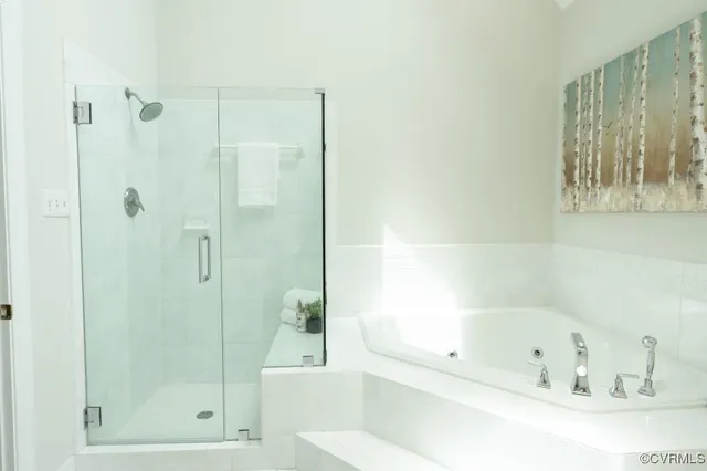 a bathroom with a bathtub and a shower