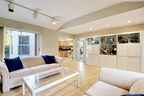a living room with furniture and kitchen view