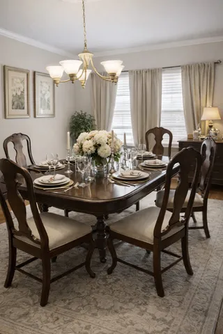 a view of a dining room with furniture