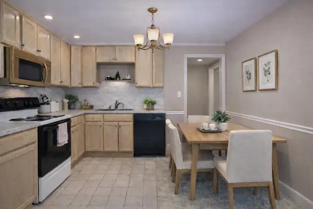 a kitchen with a table and chairs in it