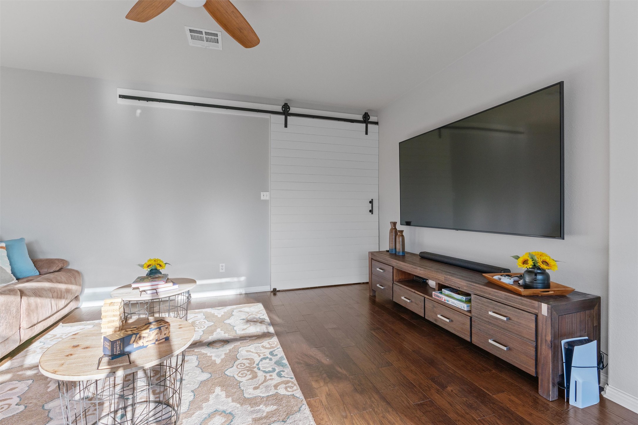 3736 Cerulean Way Round Rock, TX 78681 - Photo 19 of 36 Living area with dark wood-style flooring and a ceiling fan