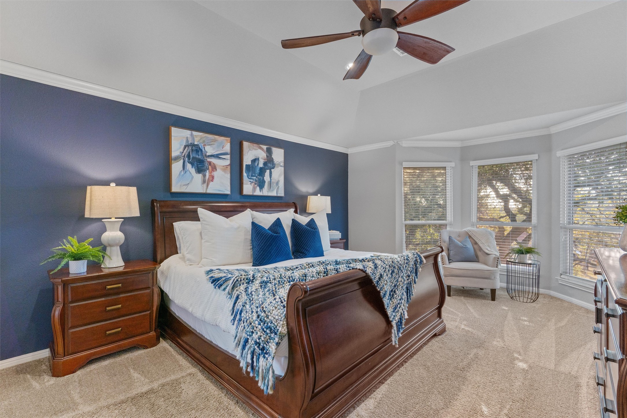 3736 Cerulean Way Round Rock, TX 78681 - Photo 21 of 36 Bedroom featuring crown molding, light carpet, and ceiling fan