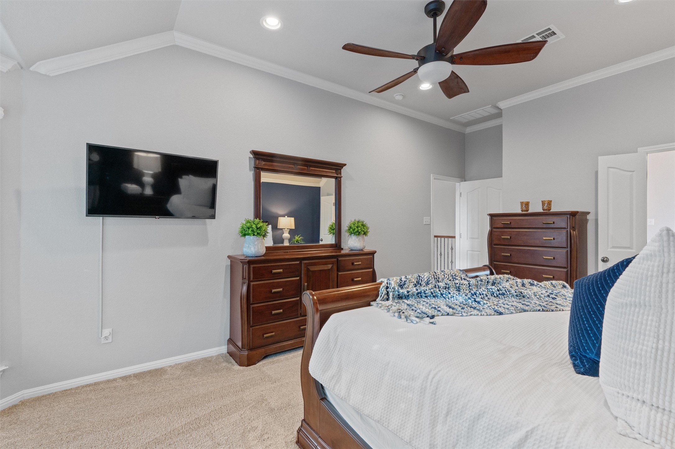 3736 Cerulean Way Round Rock, TX 78681 - Photo 22 of 36 Bedroom with ornamental molding, light colored carpet, ceiling fan, and recessed lighting