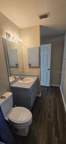 a bathroom with a sink toilet and mirror