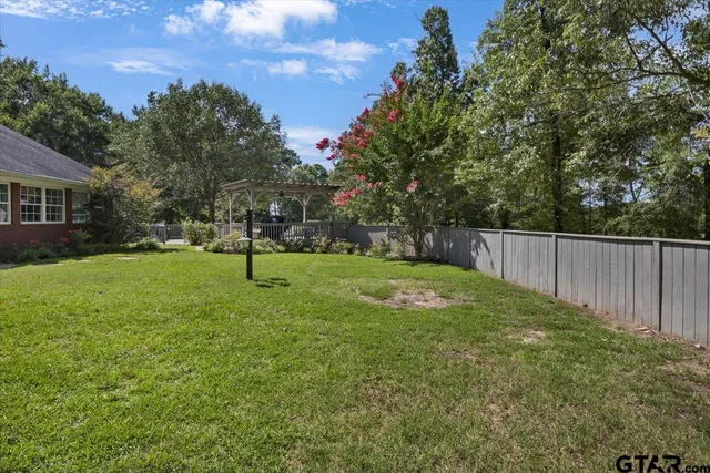 a view of a park with large trees