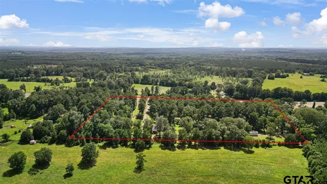 an aerial view of residential houses with outdoor space and trees