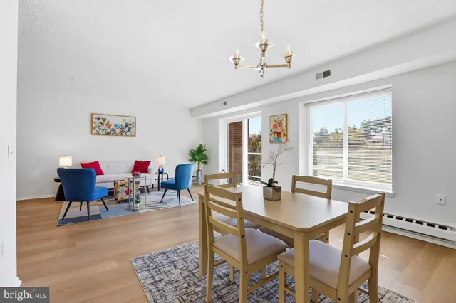 a view of a dining room with furniture