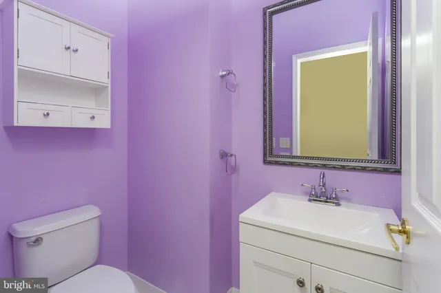 a bathroom with a sink vanity and a toilet