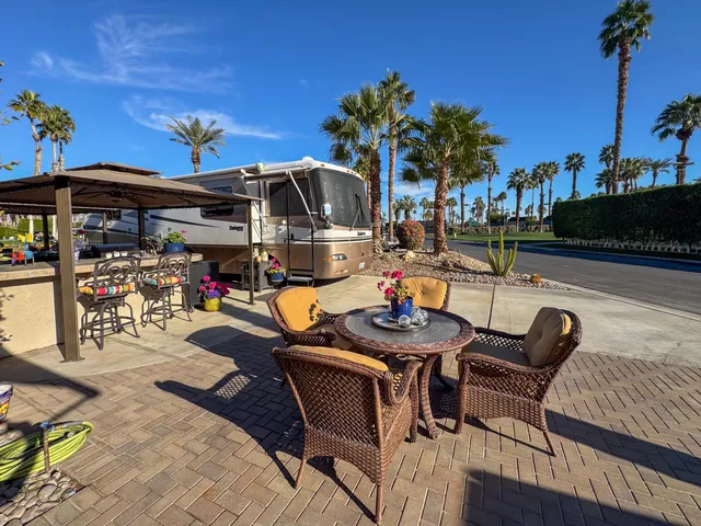 a view of a patio with table and chairs potted plants and palm tree