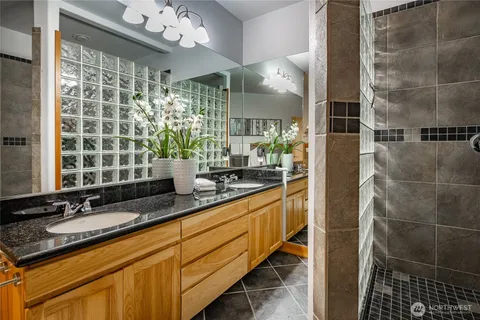 a bathroom with a granite countertop sink a large mirror and a shower