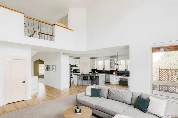 a living room with furniture and kitchen view