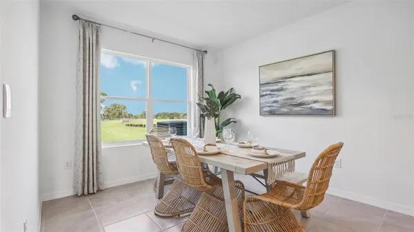 a view of a dining room with furniture window and outside view