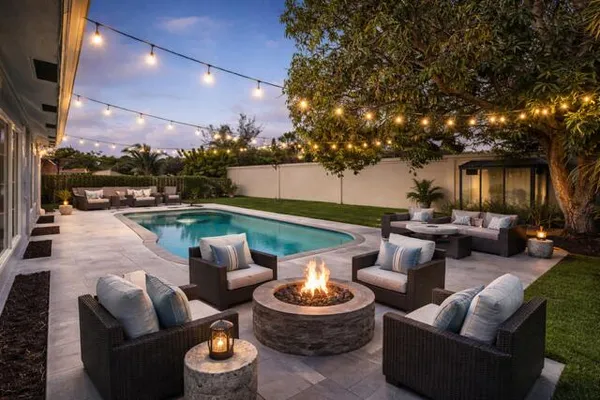 a outdoor living space with furniture and a fireplace