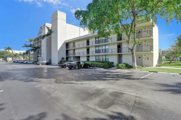 a view of a park with large trees