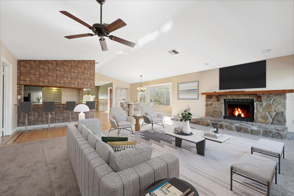 6225 Bayside Drive New Port Richey, FL 34652 - Photo 10 of 84 a living room with furniture a fireplace and a flat screen tv