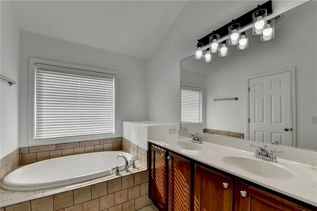 a bathroom with a tub a double vanity sink and a mirror