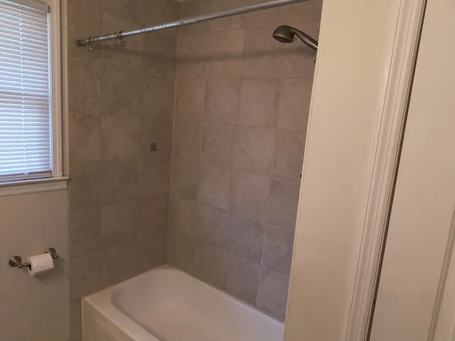 a bathroom with a shower and a toilet