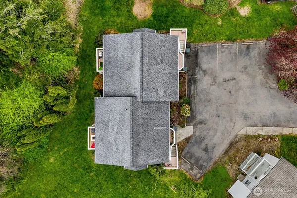 an aerial view of a house with a yard and large tree