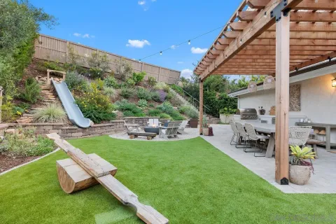 a view of a backyard with sitting area