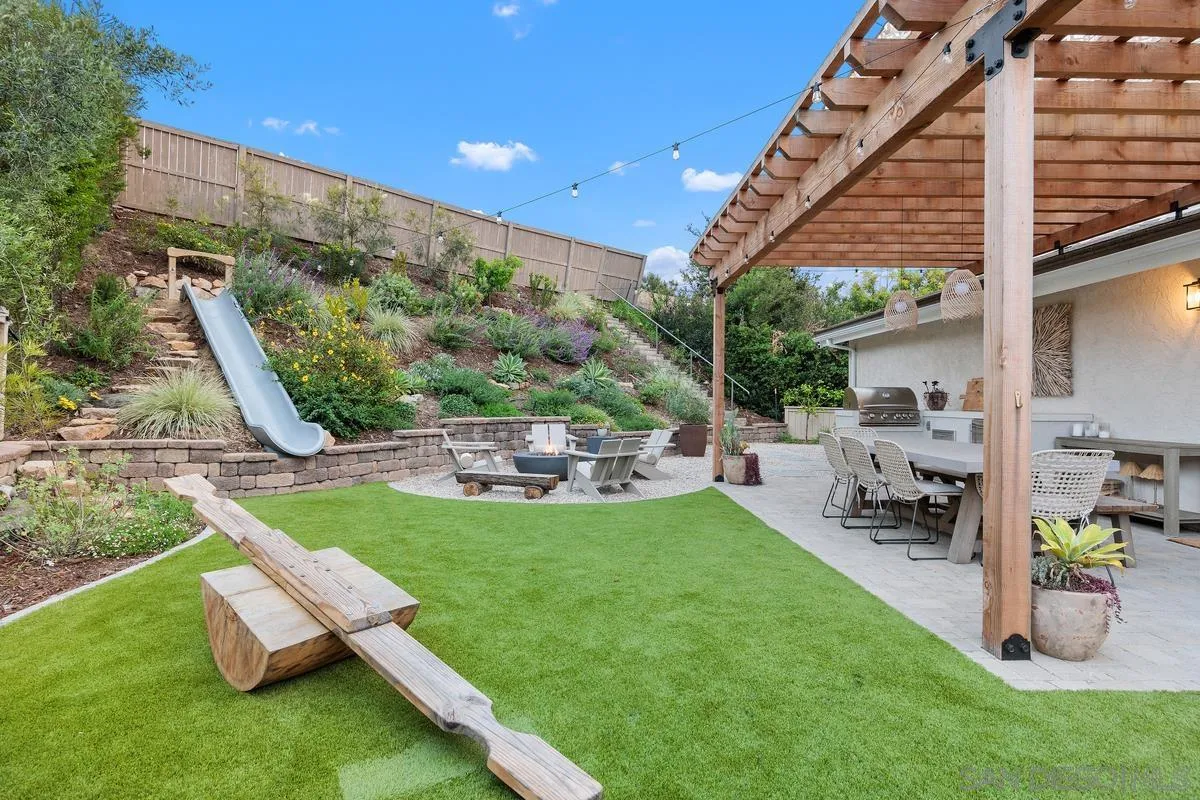 a view of a backyard with sitting area