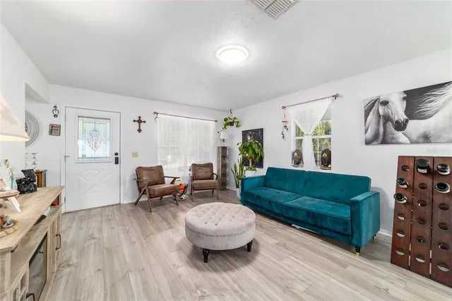a view of a dining room with furniture