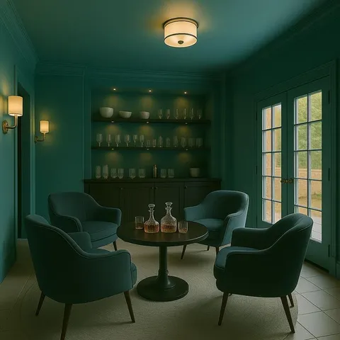 a living room with furniture and a lamp