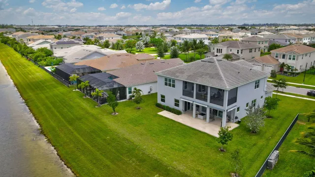 an aerial view of a building with outdoor space