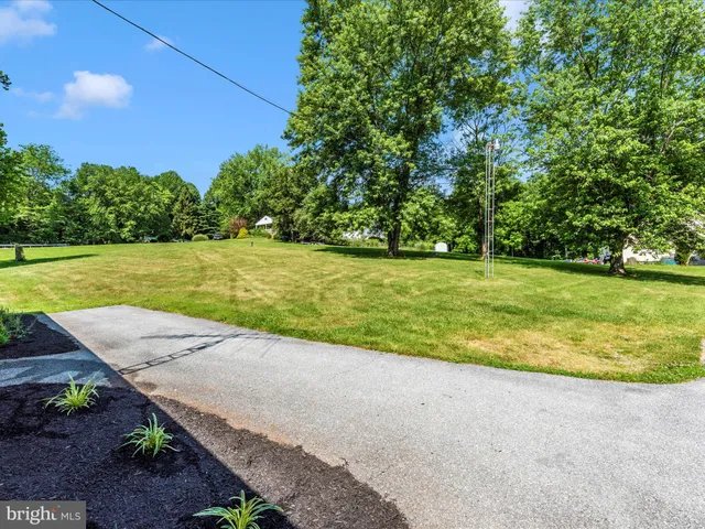 a view of a large pool with lawn chairs and plants
