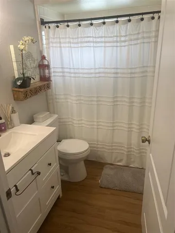 a bathroom with a shower curtain and a sink