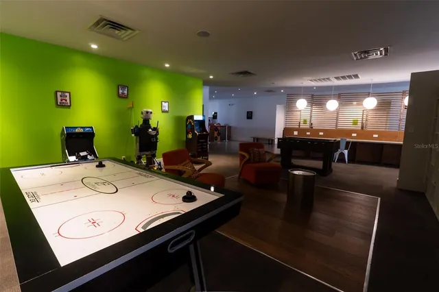 a view of a dining room with furniture
