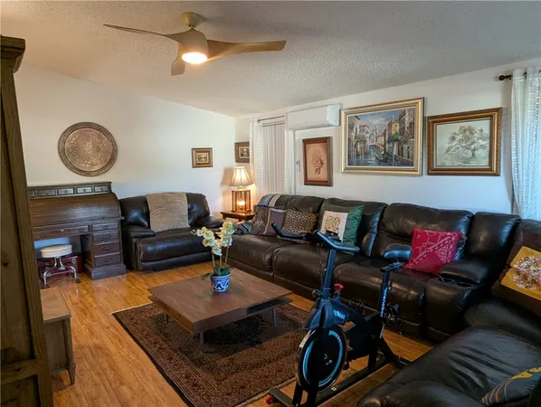 a living room with furniture a rug and a window