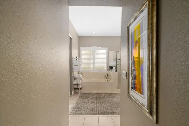 a bathroom with a tub a sink and a large mirror