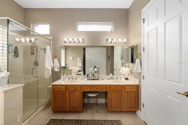 a bathroom with a sink mirror and a shower